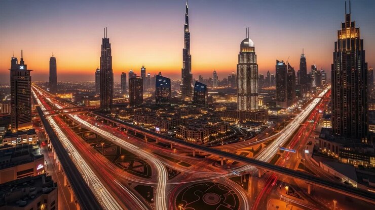 Paysage urbain de Dubaï au crépuscule avec des autoroutes éclairées et le Burj Khalifa