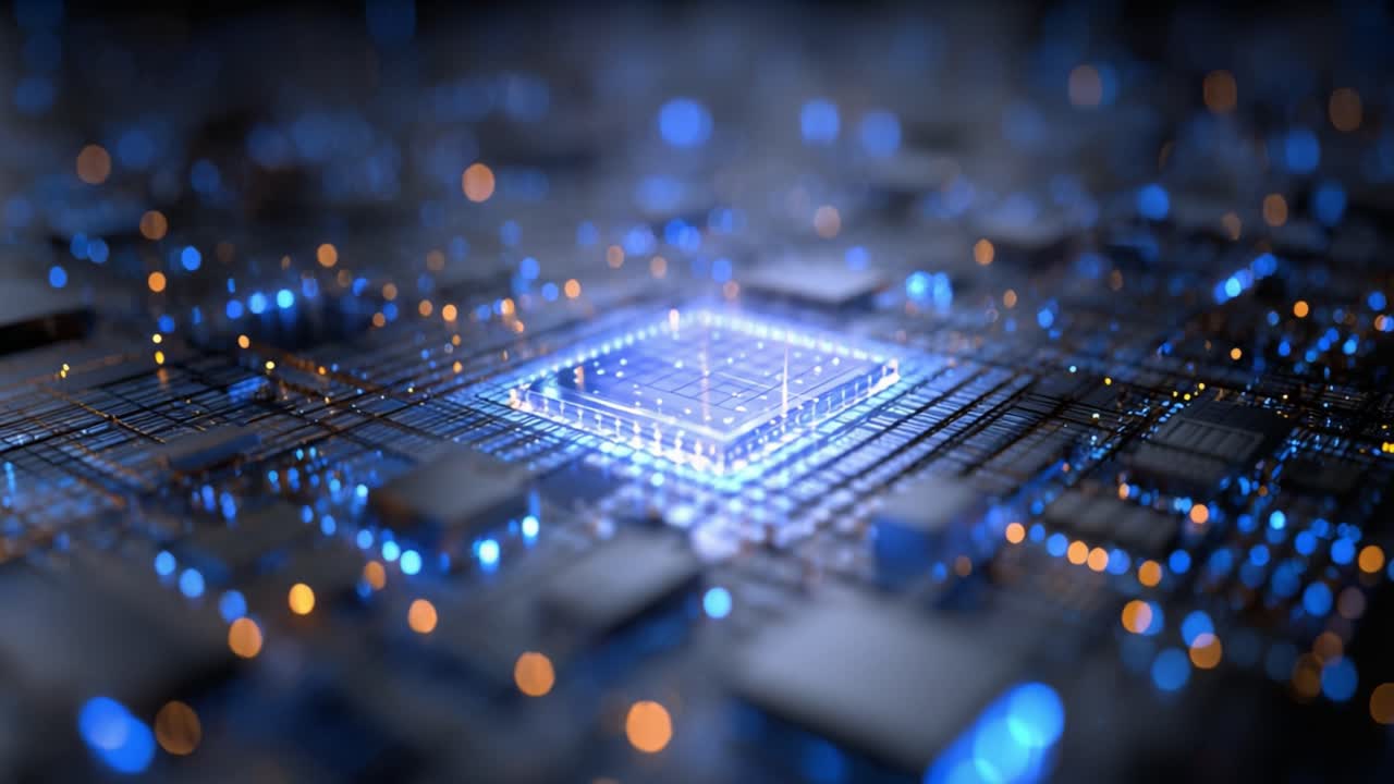 Central computer processor glowing with blue and orange light while processing information and sending electrical signals through a futuristic motherboard with shallow depth of field