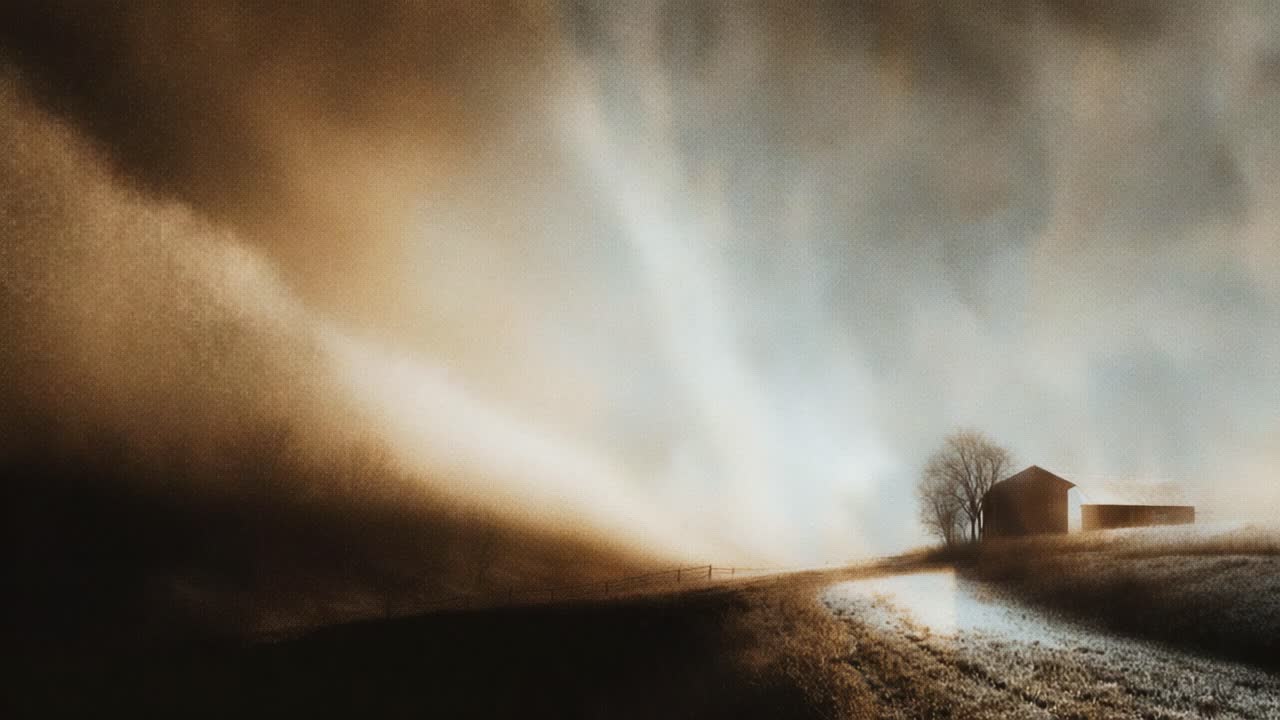 A Serene Landscape in Fog: Enigmatic Shadows and Subtle Details Illustrate a Quiet Scene with a Lonely House and Tree Set Against a Dramatic Natural Background