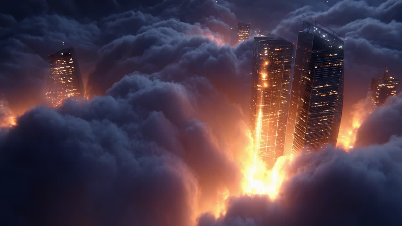 A Stunning Vision of Urban Skyscrapers Amidst Fiery Clouds, Illuminating the Night with a Dazzling Glow and Creating an Otherworldly Atmosphere of Suspense and Wonder