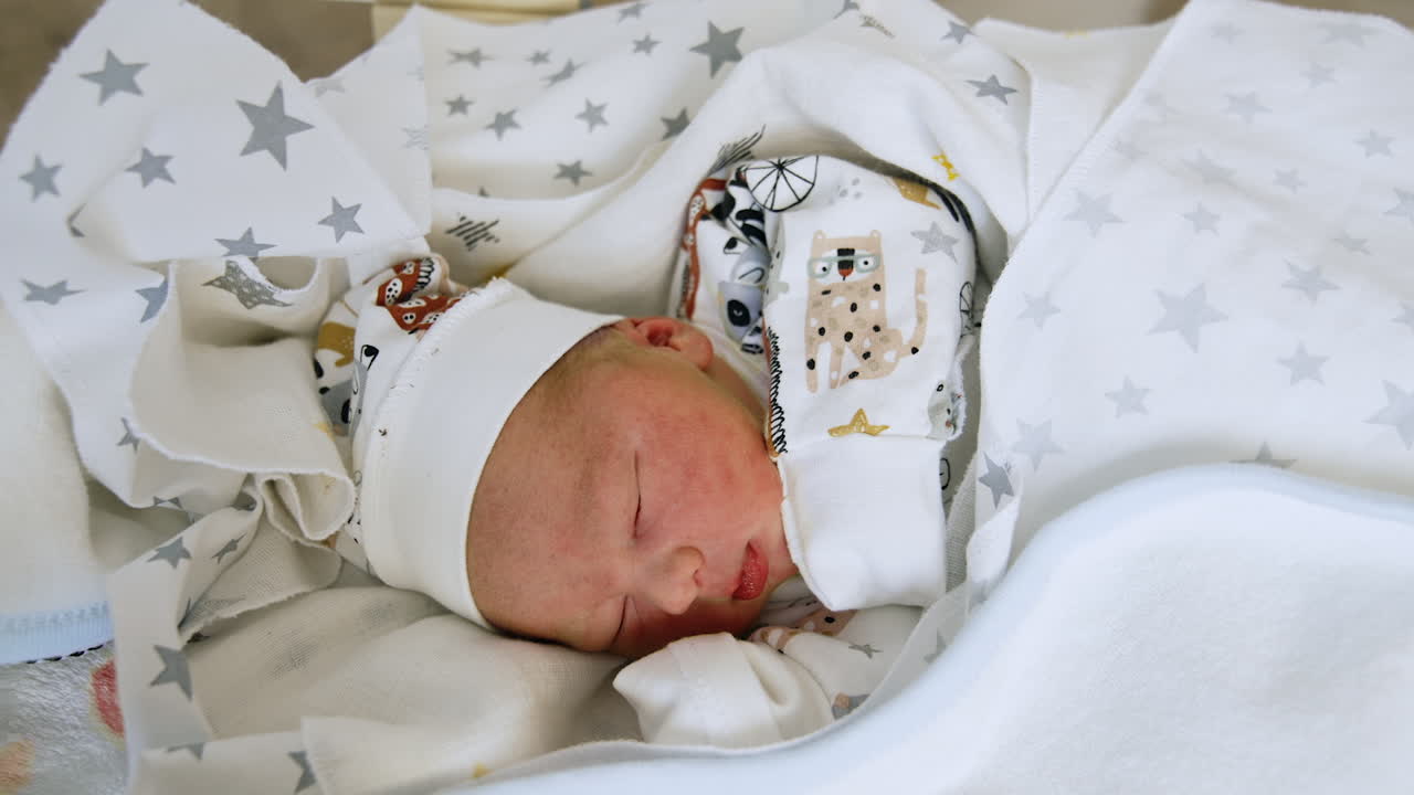 Tiny Caucasian newborn in cap and shirt. Baby sleeps in blankets and opens his mouth.