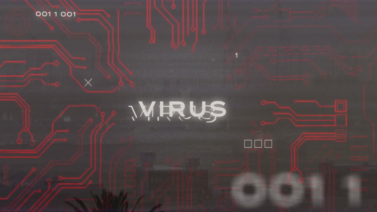 Red virus label being animated on glitchy interface, with circuit traces and floating binary codes
