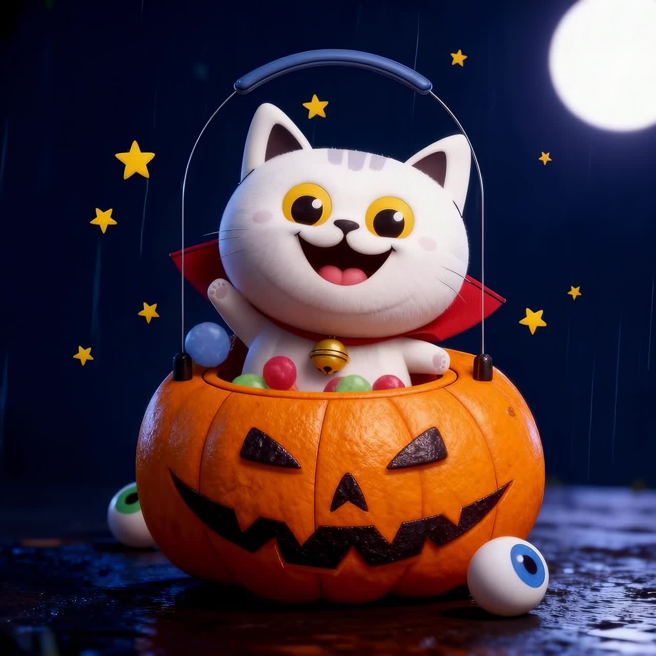 Cute Cartoon Cat in a Halloween Pumpkin Costume