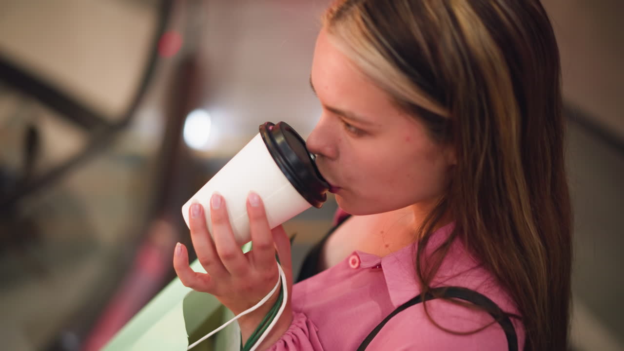 mujer con vestido rosa sosteniendo taza de café y bolsas de compras mientras bebe de la taza en una escalera mecánica mientras desciende en un centro comercial bien iluminado, parece relajada, con el entorno ligeramente borroso