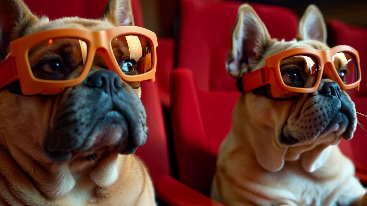 Two dogs wearing sunglasses and sitting on a red couch. Scene is lighthearted and playful