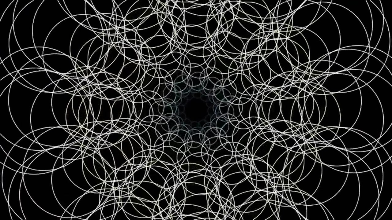 Animazione geometrica astratta di cerchi bianchi rotanti su sfondo nero.