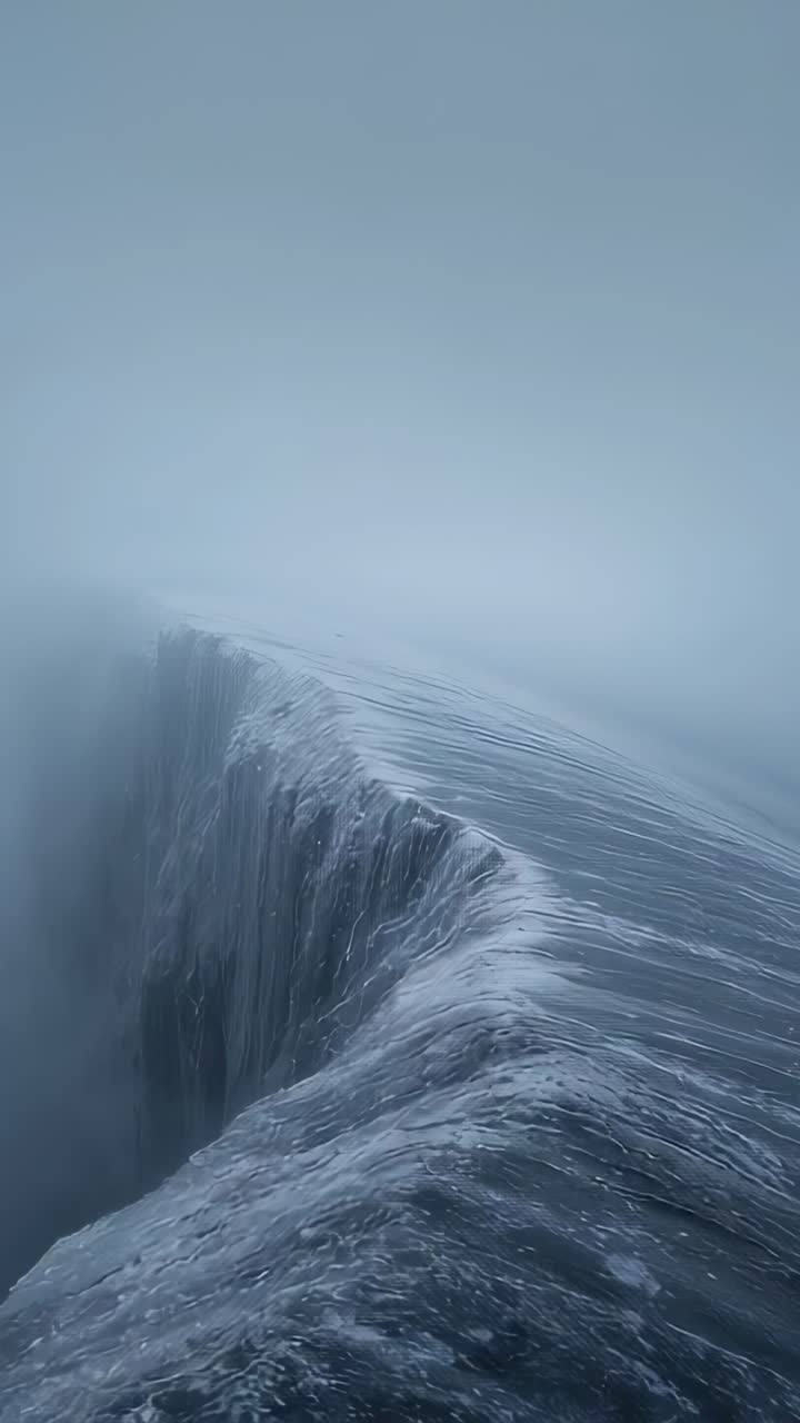 Vertical video: Panning camera revealing curving crest sliding over sea drop, gravity pulling water