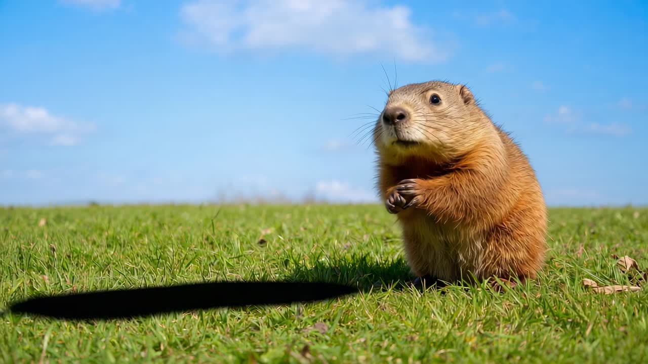 Lång, mörk skugga som förflyttar sig, präriehund lyfter och lutar huvudet och scannar himlen över gräset, utrymme för text