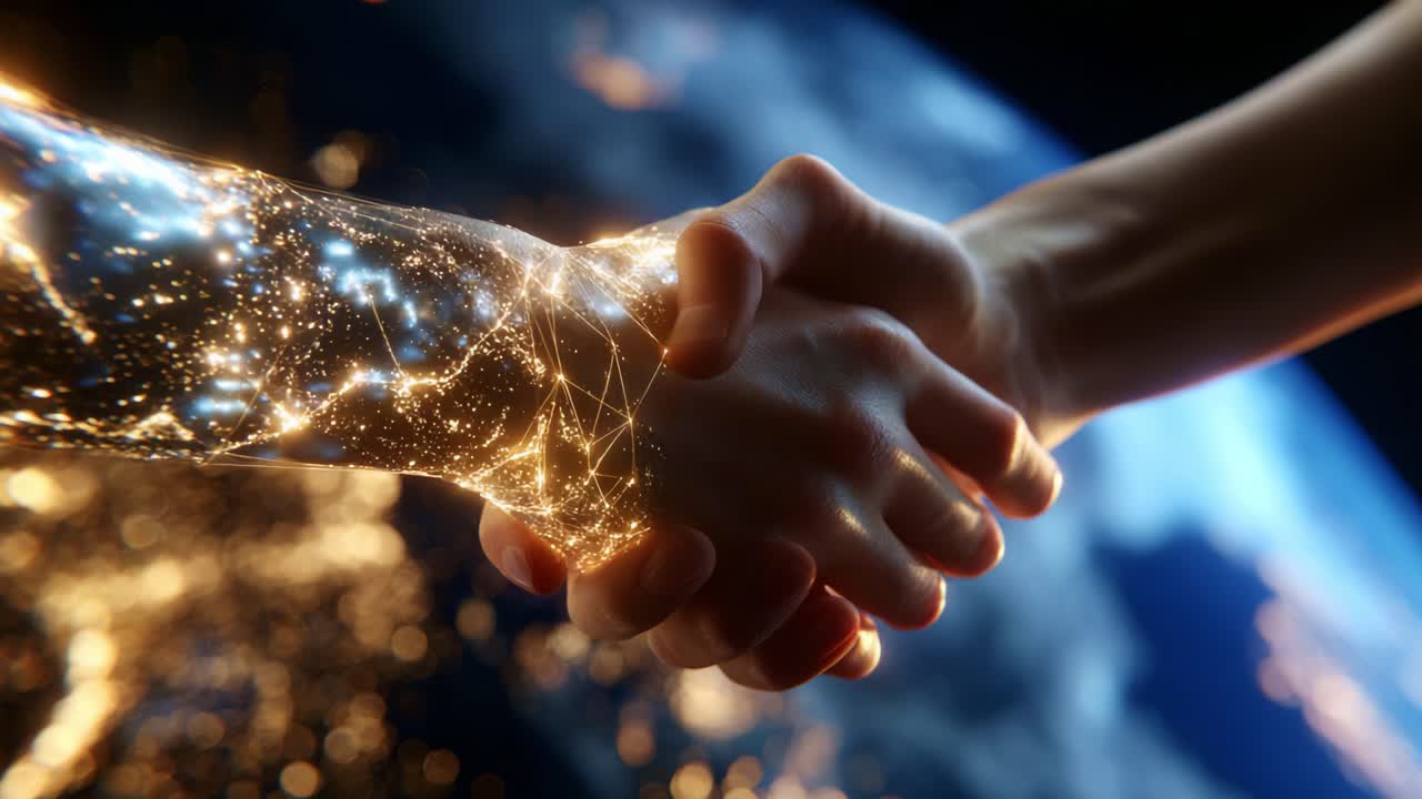 A Symbolic Handshake Between Humanity and Technology: A Glimpse Into the Future of Collaboration, Connecting Human Touch with Digital Transformation and Artificial Intelligence Innovations