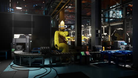 modern factory conveyor belt with robotic arms processing products at night