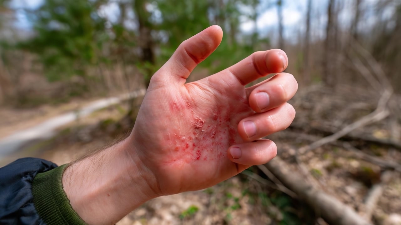 Un Individuo Muestra una Mano Lesionada en la Naturaleza, Exponiendo una Palma Magullada y Arañada Rodeada de Árboles y Paisaje Natural