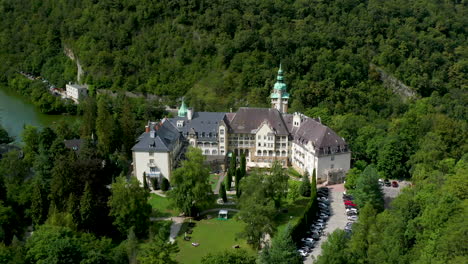 cinematic aerial footage of the castle in lilafured, hungary