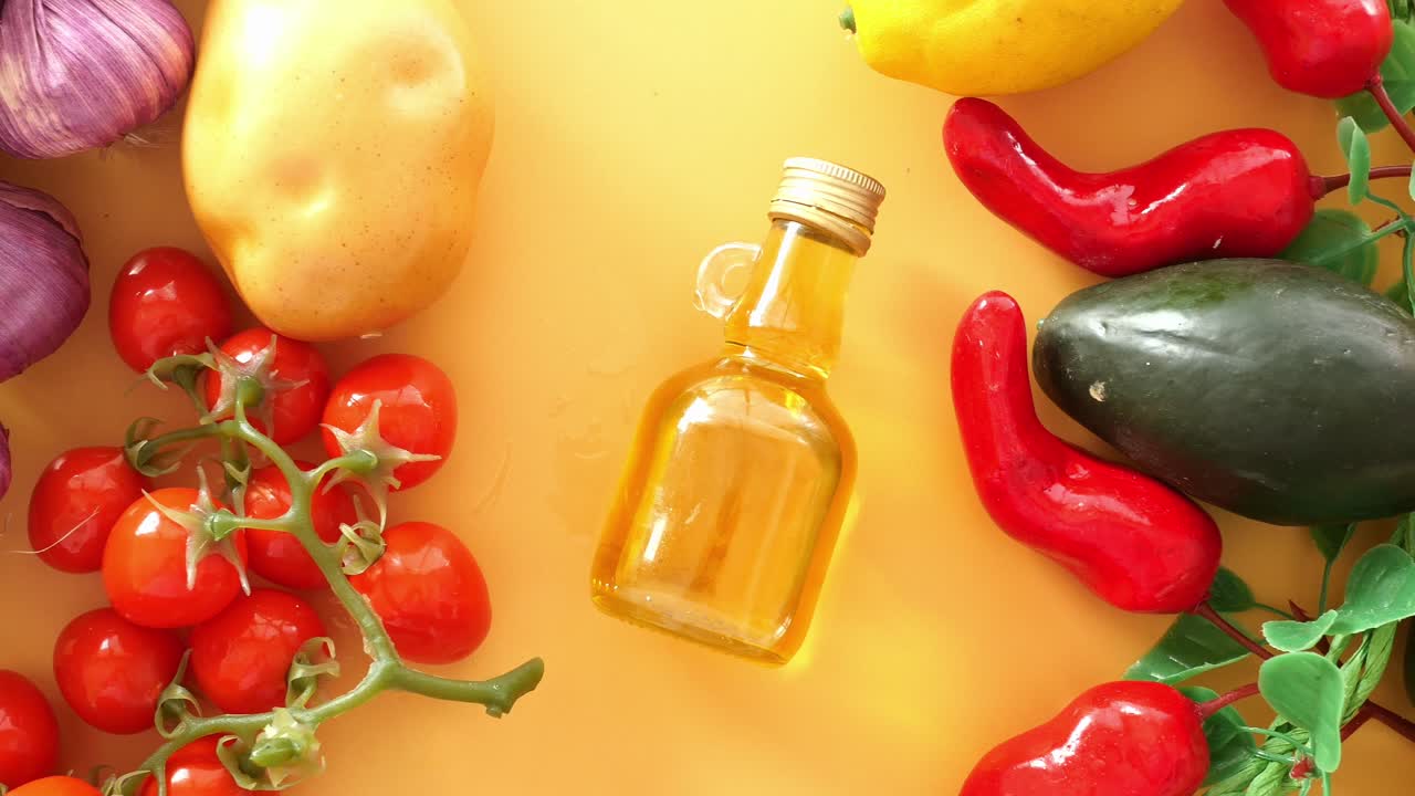 A still life image of fresh vegetables and olive oil.