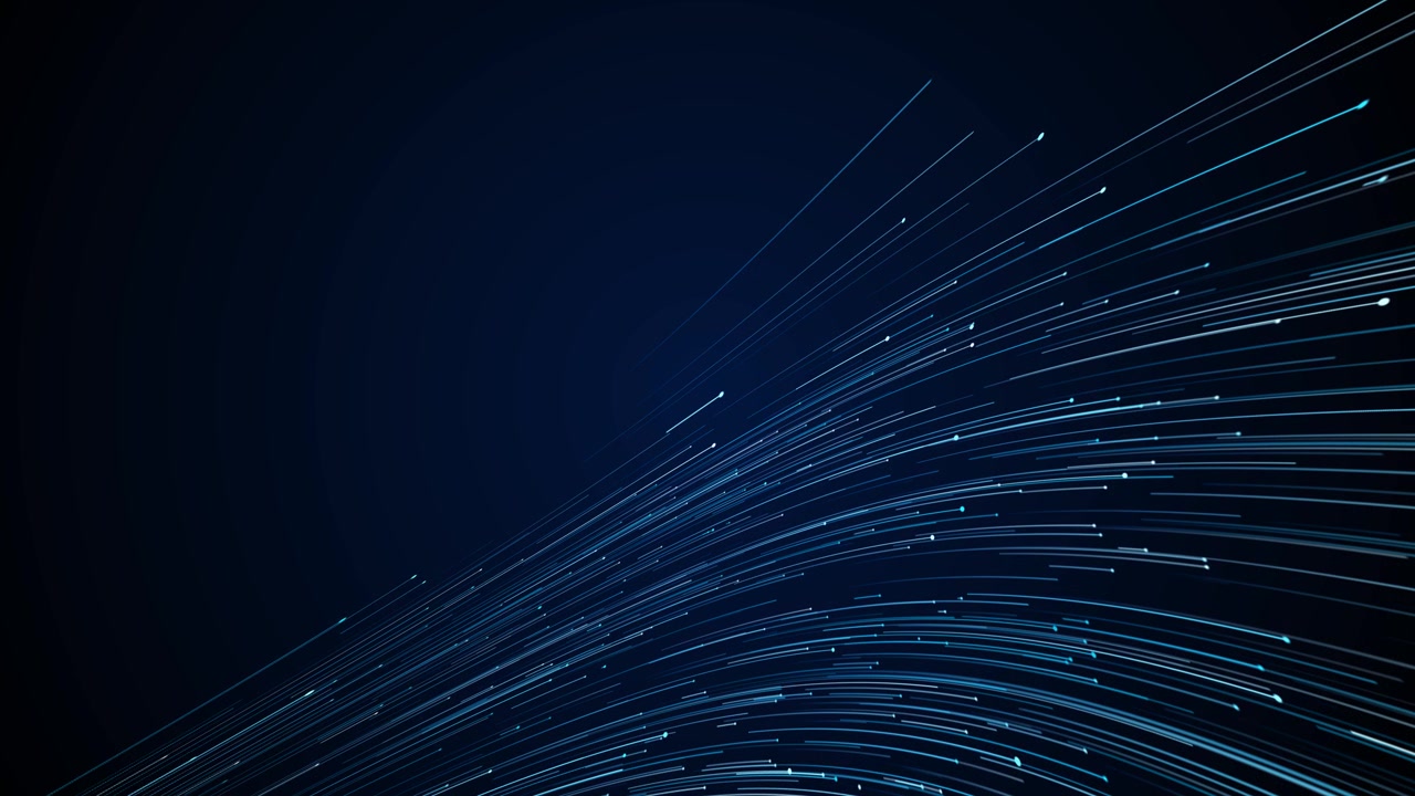 Blue fiber light speed background with curved cyan streaks glowing dots and dark copy space