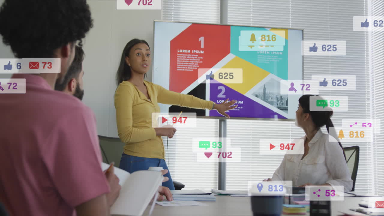 Presenting colorful data with animation, businesswoman using screen in office meeting