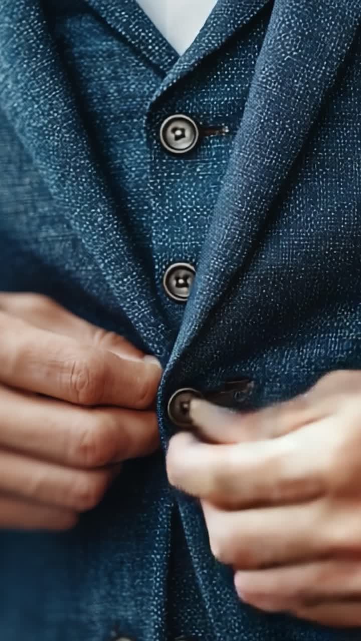 Close-up bergaya dari setelan jas khusus: Mengancingkan jaket dengan presisi dan keanggunan, menyoroti perhatian terhadap detail dalam fesyen dan penampilan.