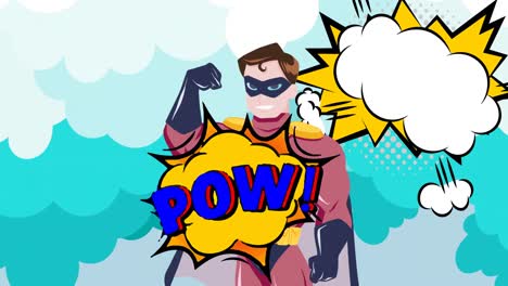 animation of retro cartoon speech bubbles and superhero flying over blue clouds