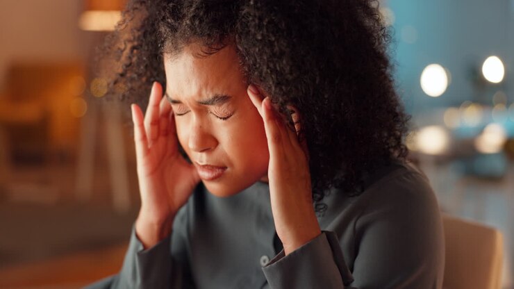 Stress, Kopfschmerzen und Frau im Büro bei Nacht