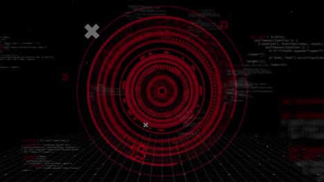 animation of multiple glowing red scope scanning in hypnotic motion and data processing