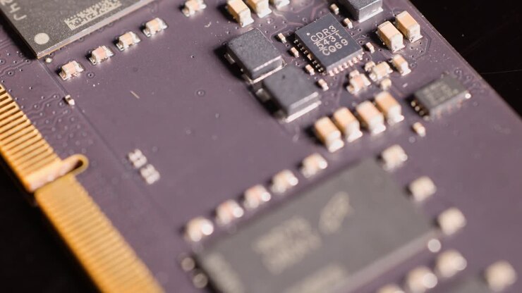 Una lenta panoramica macro della camera si sposta attraverso i componenti elettronici di un modulo di memoria del computer