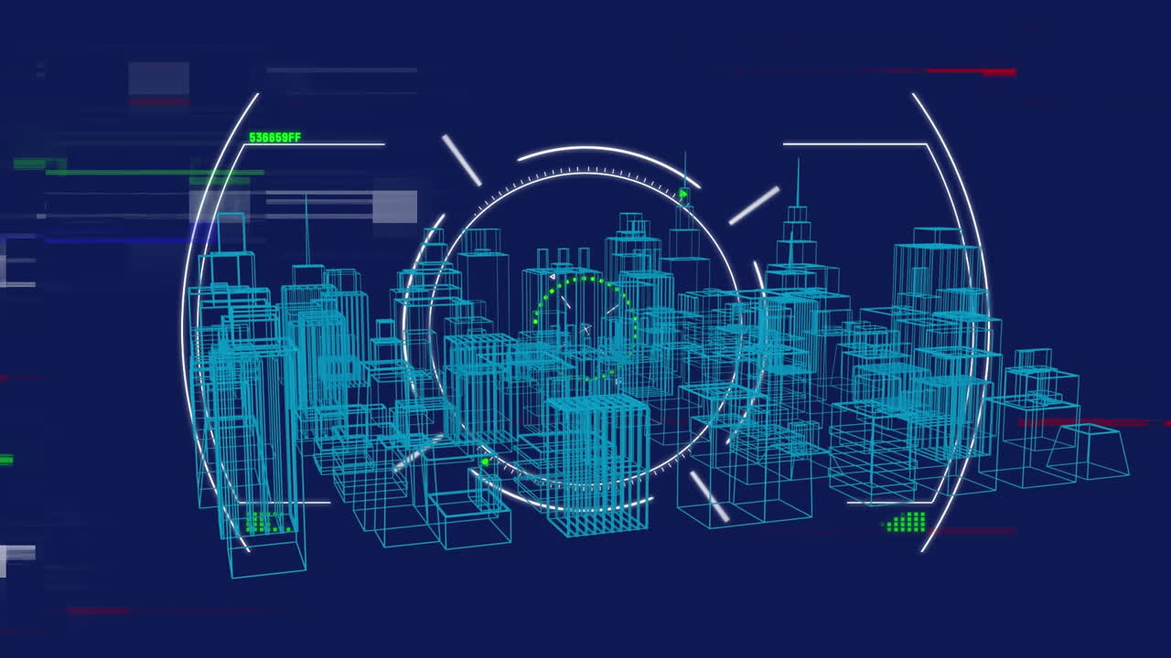 animación de interferencia y escaneo de alcance sobre la ciudad digital en fondo azul.
