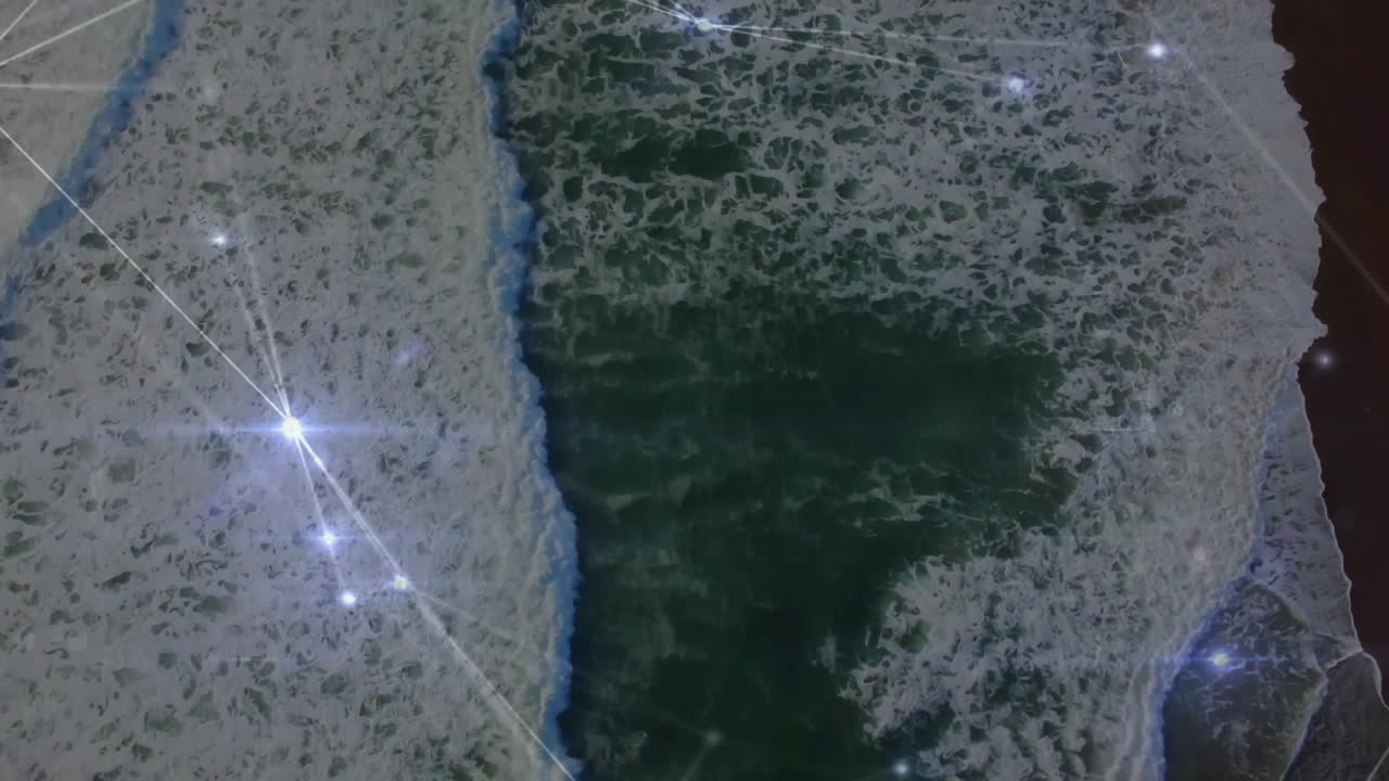 Foamy breakers rolling in sparking glowing nodes forming above sandy shore visualizing network