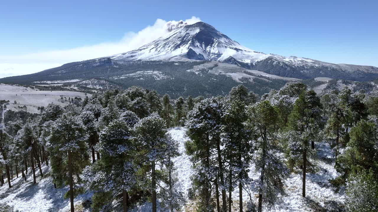 Snow-Covered Volcano with Erupting Smoke