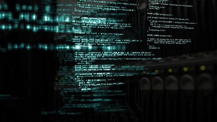 Animation af computerdatabehandling over computerserver i baggrunden
