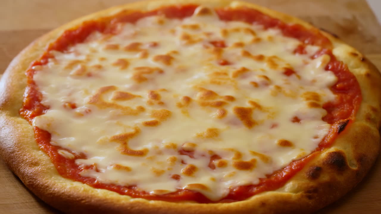 Pizza classica al formaggio su tagliere di legno, mozzarella fusa dorata e bordo di pomodoro saporito, scatto su tagliere rustico