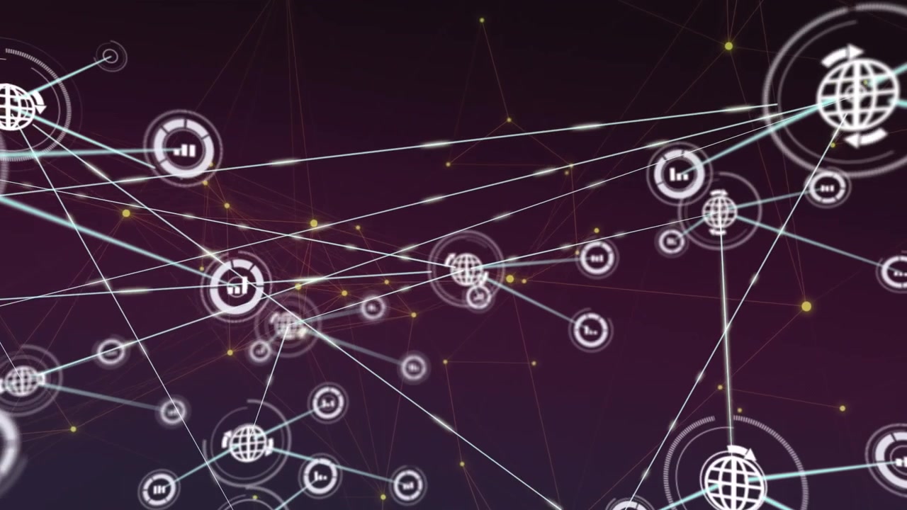 Animation of network of connections with icons over purple background