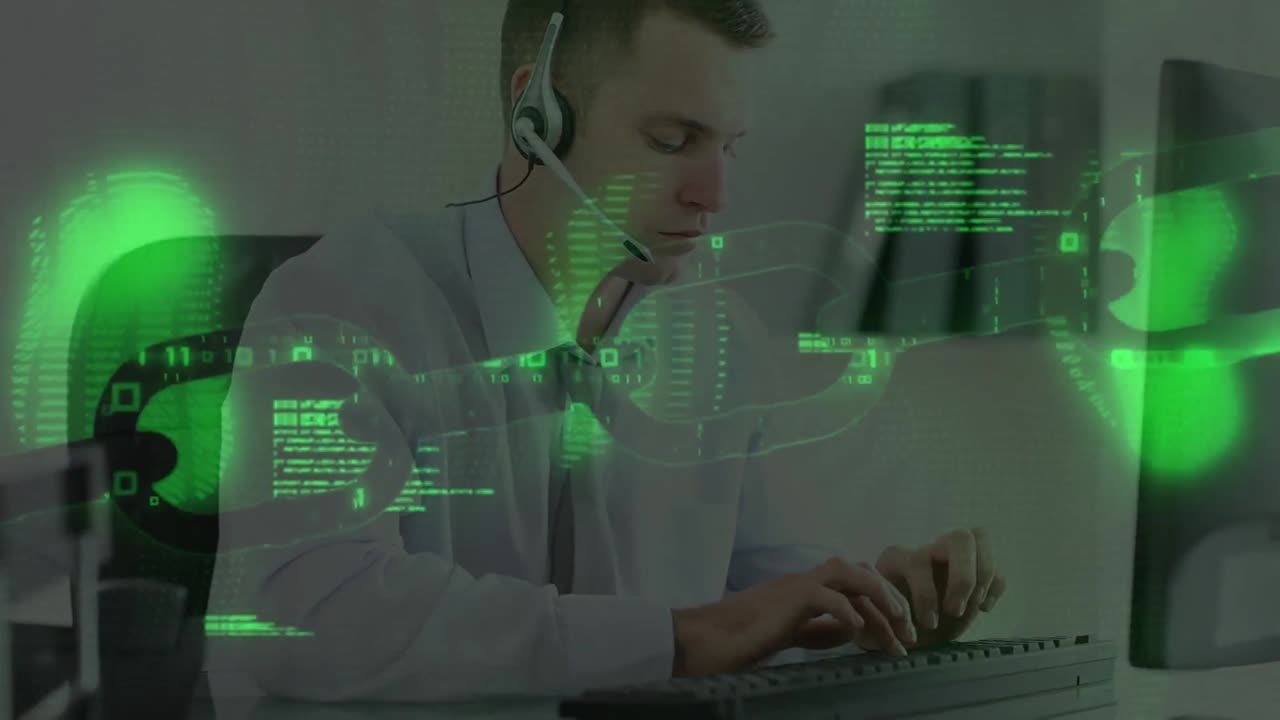 анимация цепи и обработки данных над бизнесменом, носящим наушники