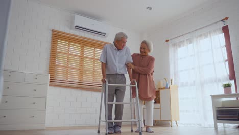 pareja de ancianos con ayuda para caminar