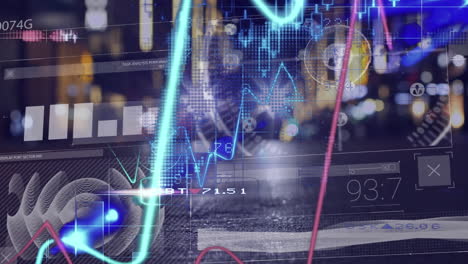 animation of graphs moving over interface with data processing against night city traffic