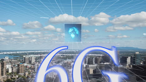 animation of 6g text, data processing and cityscape