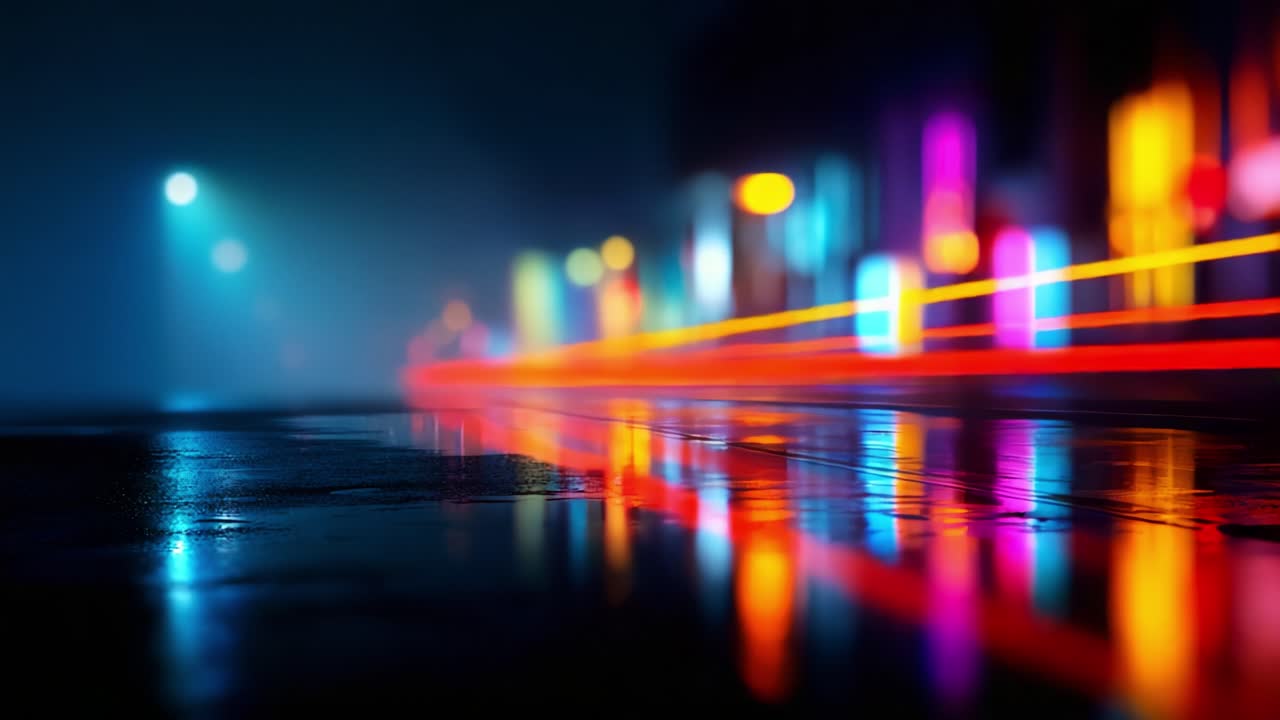 A vibrant, neon-lit street scene at night reflects brilliant colors on wet pavement, showcasing artistic lighting and atmospheric depth in a mesmerizing urban landscape