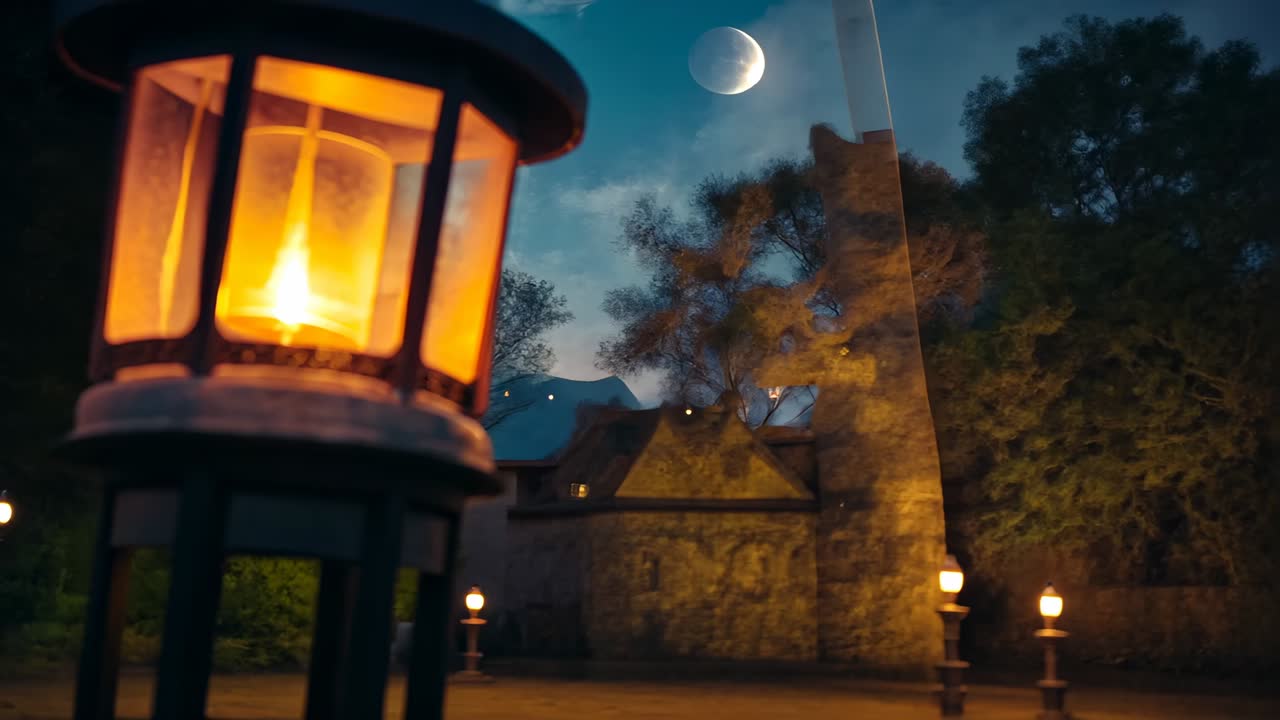 Pulling camera tightening focus on metal lantern in courtyard emphasizing droplets, copy space