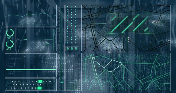 Animation of interface with data processing and network of connections against computer server room