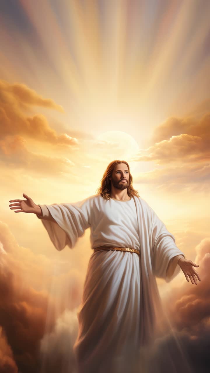 A divine figure in white robes stands with open arms, facing a radiant sky