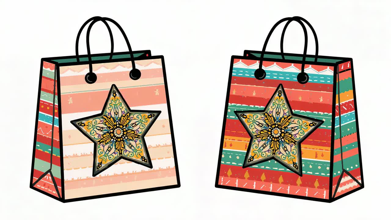 Starting star mandala animation, stars on two striped bags glowing in white studio, black handles