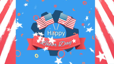 animation of labor day text over red, white and blue of flag of united states of america