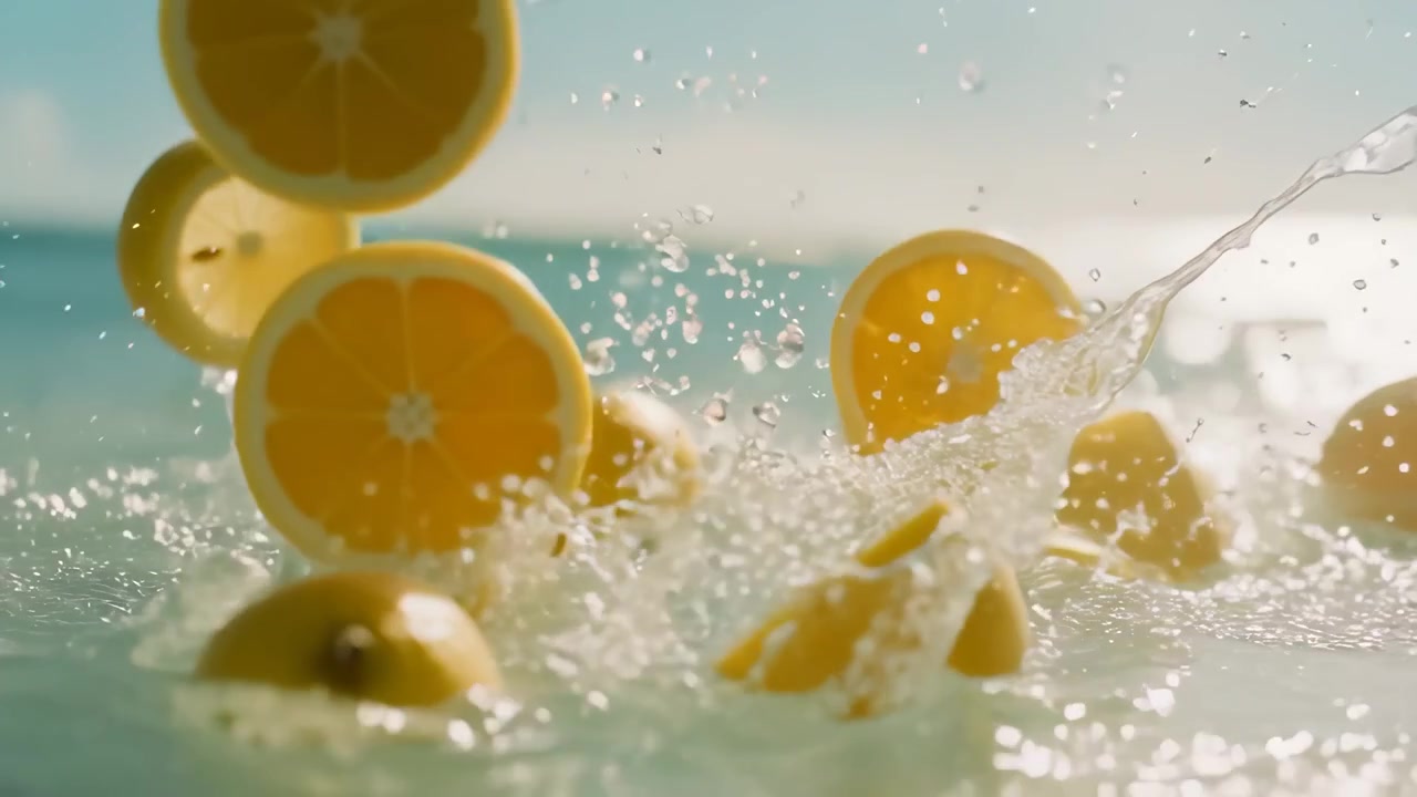 Fresh Lemons and Slices Splashing into Clear Water