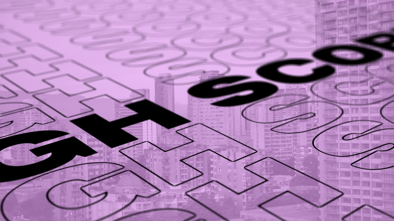 animación de texto de alta puntuación sobre el paisaje urbano