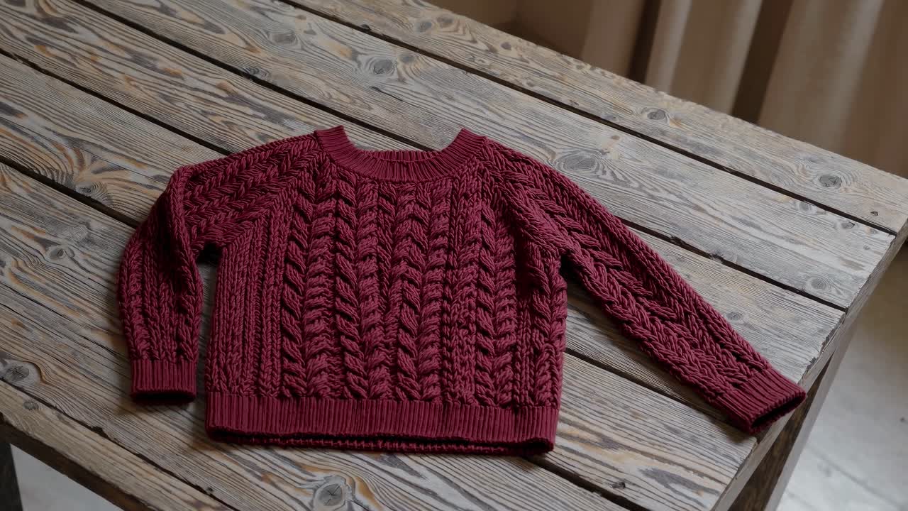 Cozy red knit sweater on rustic wooden table, captured from a high-angle