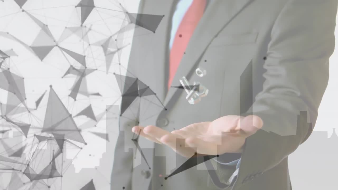 연결 네트워크의 애니메이션 비즈니스맨이 던지고 잡는 견과류와 볼트를 회전합니다.