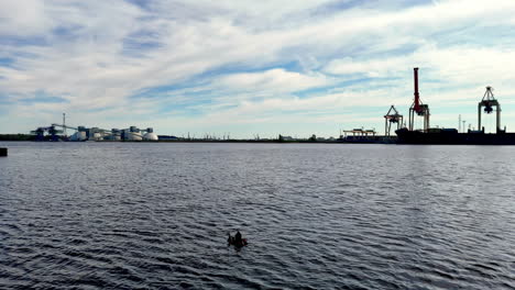 a lone diver moves across rippled harbor water while distant cargo cranes and terminals line the horizon, a steady wide shot suggesting inspection, endurance, and quiet concentration