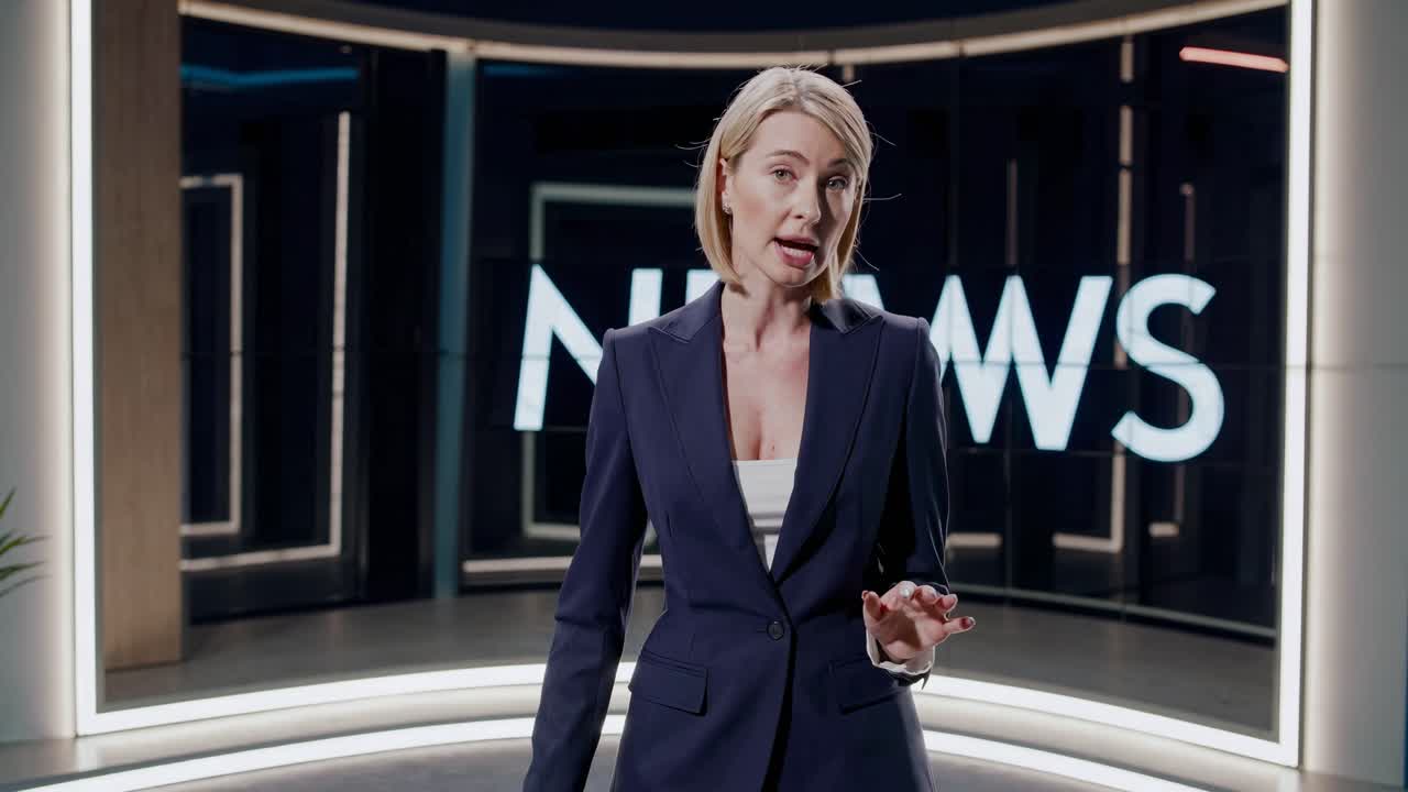 En nyhetsanker i et moderne studio, filmet fra lav vinkel, presenterer en videosending