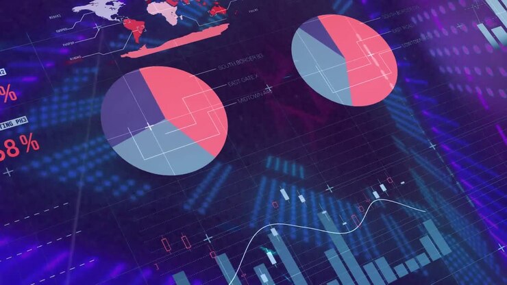Animation of statistics and financial data processing over neon tunnel