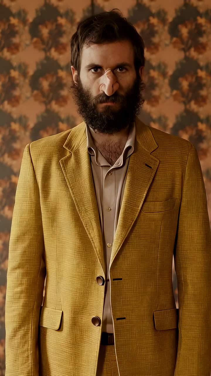 Video verticale: la fotocamera si avvia, uomo che respira contro lo sfondo mentre indossa un blazer senape con benda