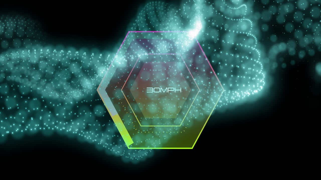 Hexagon with 30 MPH text over glowing particle wave animation