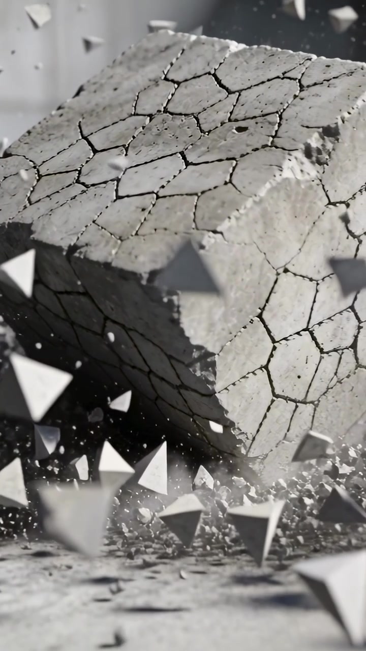 Video verticale: Blocco grigio che si rompe sul tavolo mentre tetraedri in movimento si sollevano e saltano via.
